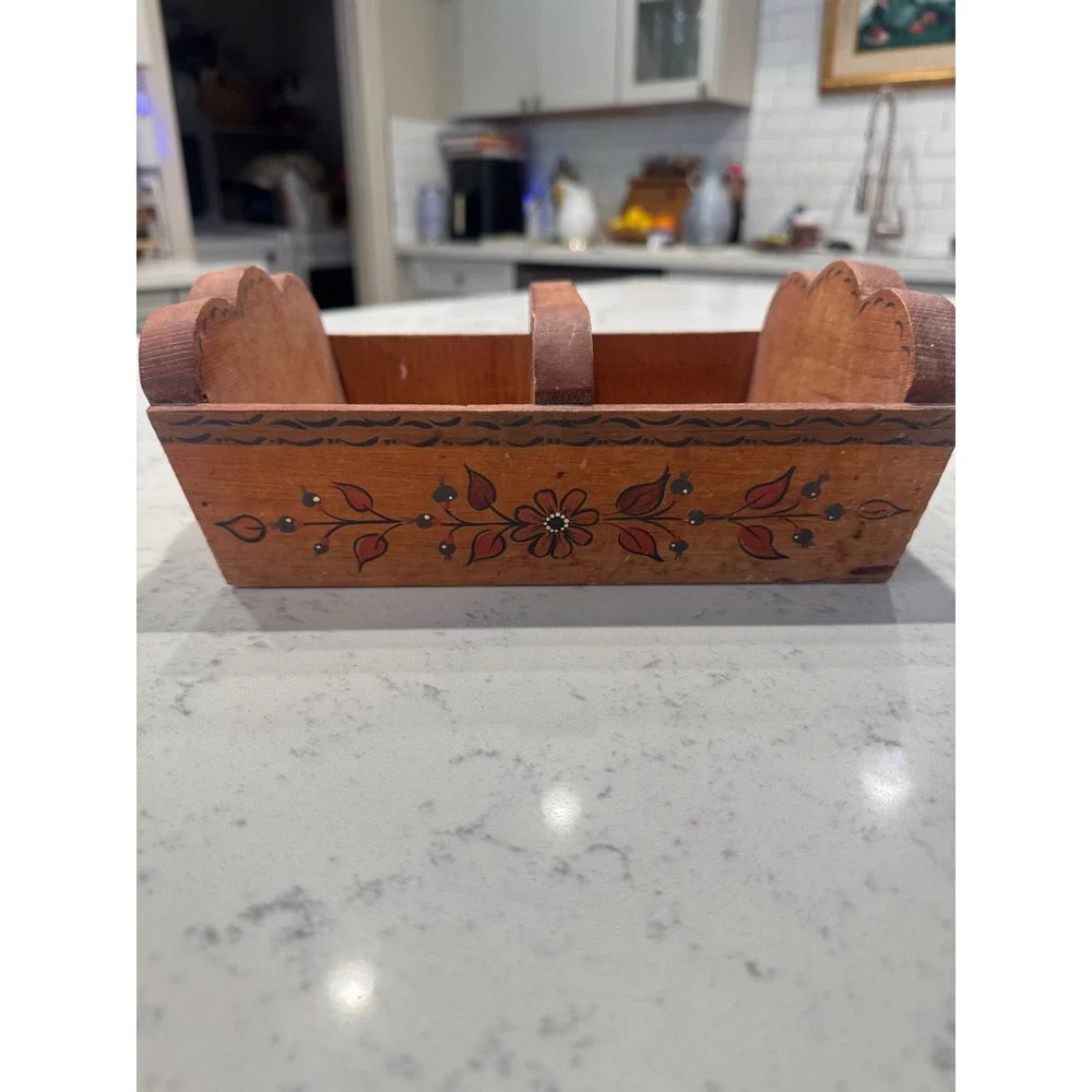 Vintage Folk Art Hand Painted Wooden Caddy Bird Floral Scalloped Tool Box Box